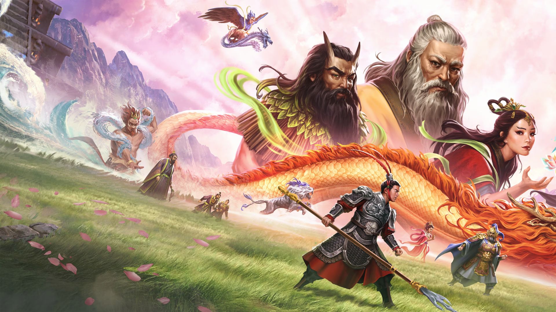 Chinese gods, heroes, and a golden dragon lead soldiers into battle across mythic landscapes.