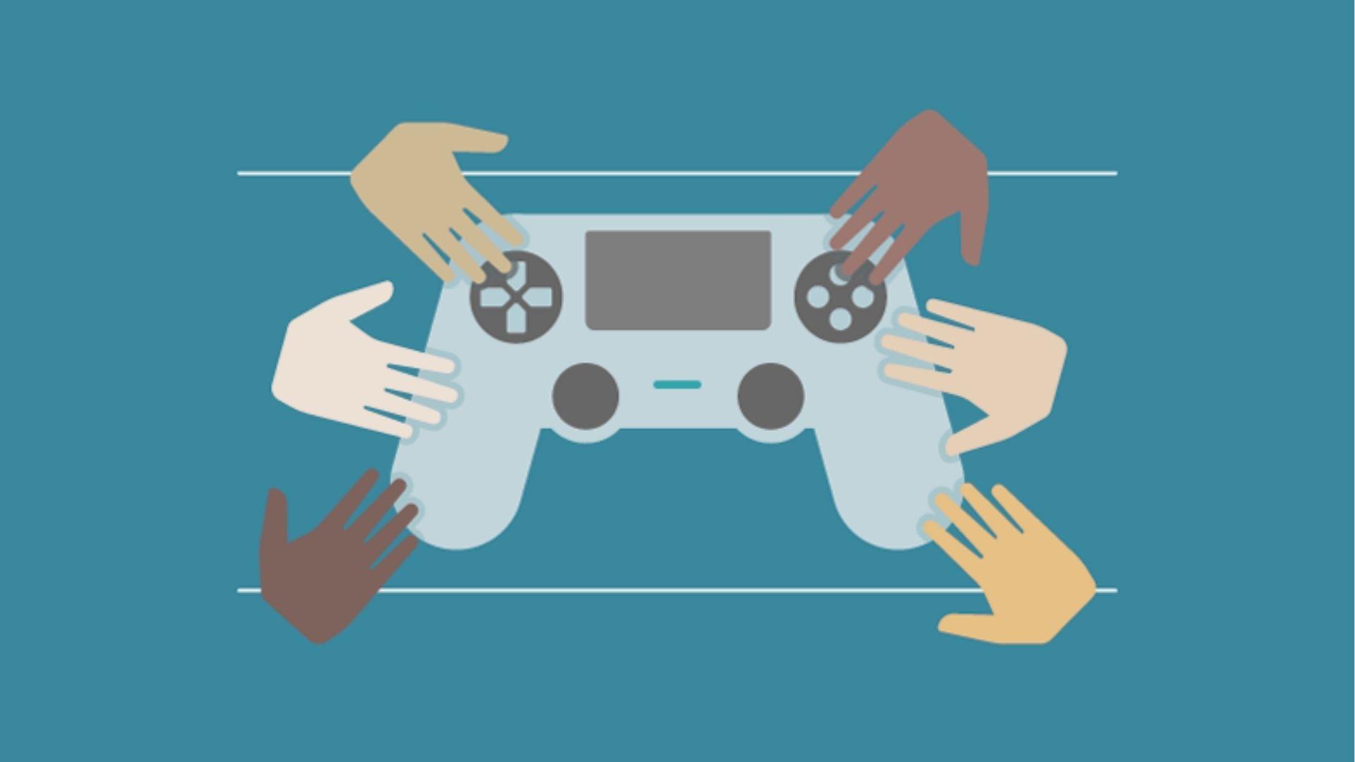Illustration of six hands with different skin tones reaching for the same game controller against a blue background.