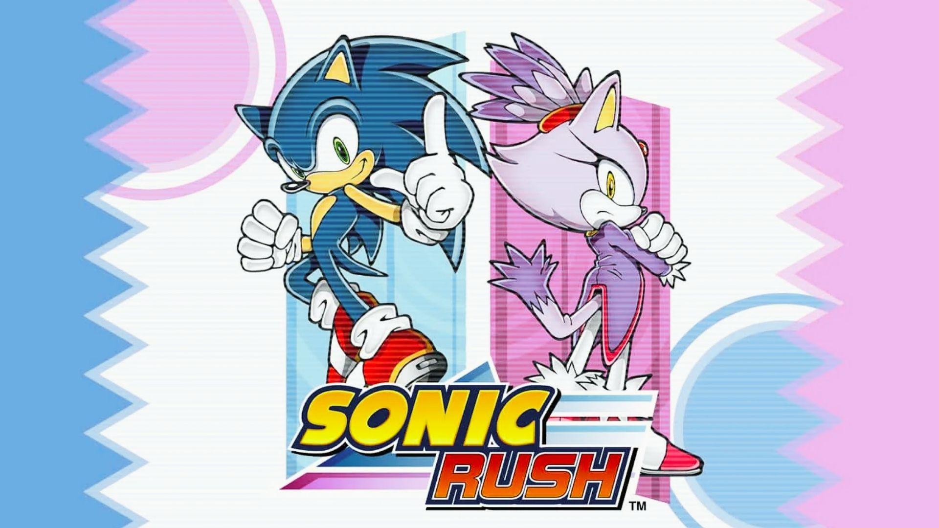 Sonic Rush key art showing Sonic giving thumbs up and Blaze the Cat posing, logo, blue pink zigzag background
