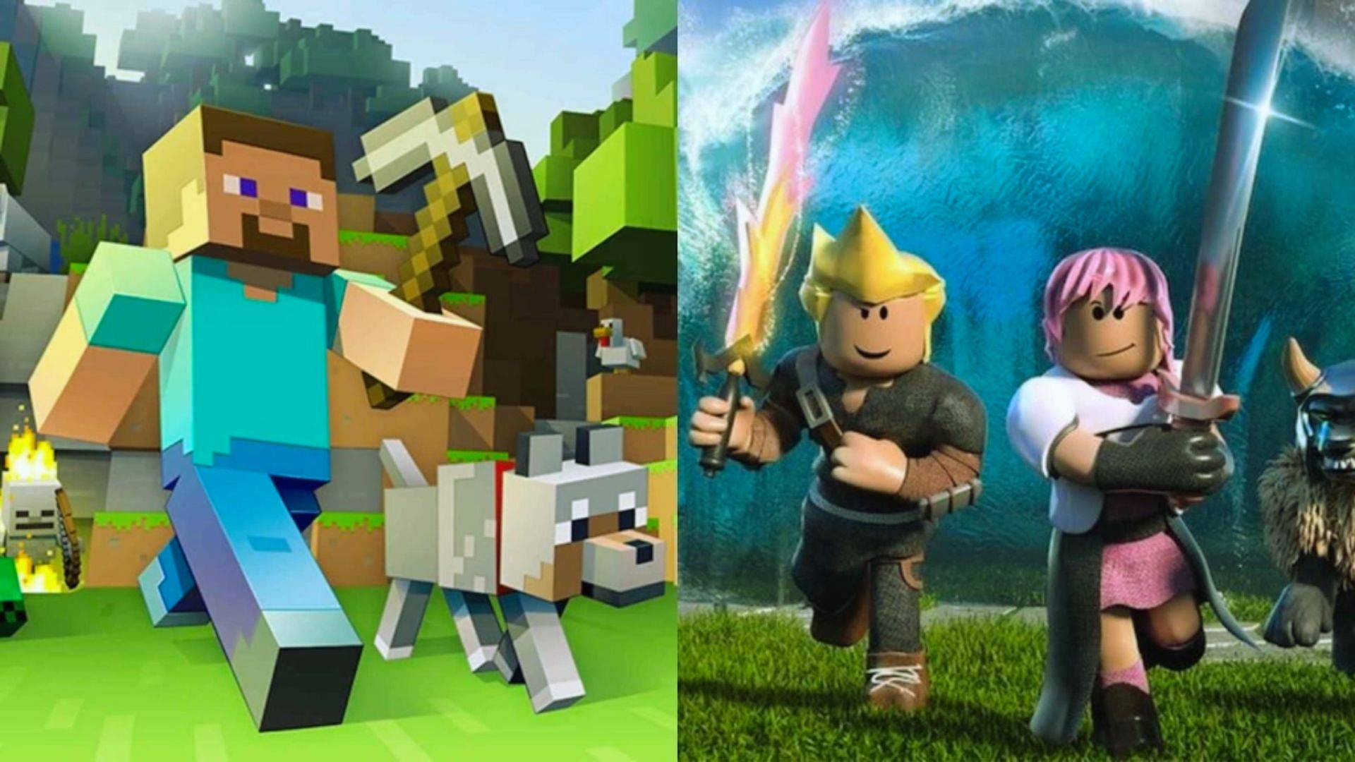 "Split-screen comparison of Minecraft and Roblox: Left side shows Minecraft character Steve holding a pickaxe with a dog in a blocky forest, right side shows two Roblox characters holding swords in front of a fantasy landscape"