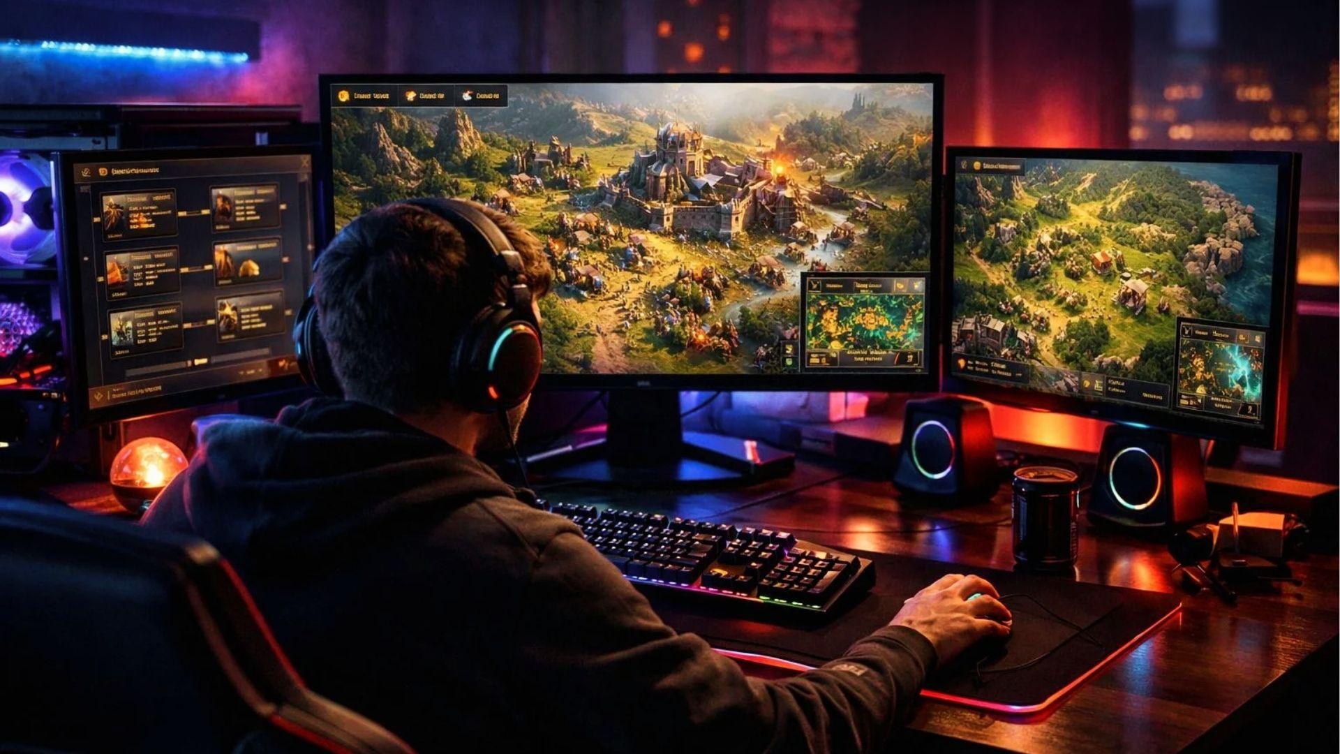 PC gamer with headphones playing fantasy strategy game on triple monitors with RGB setup on PlayBattleSquare