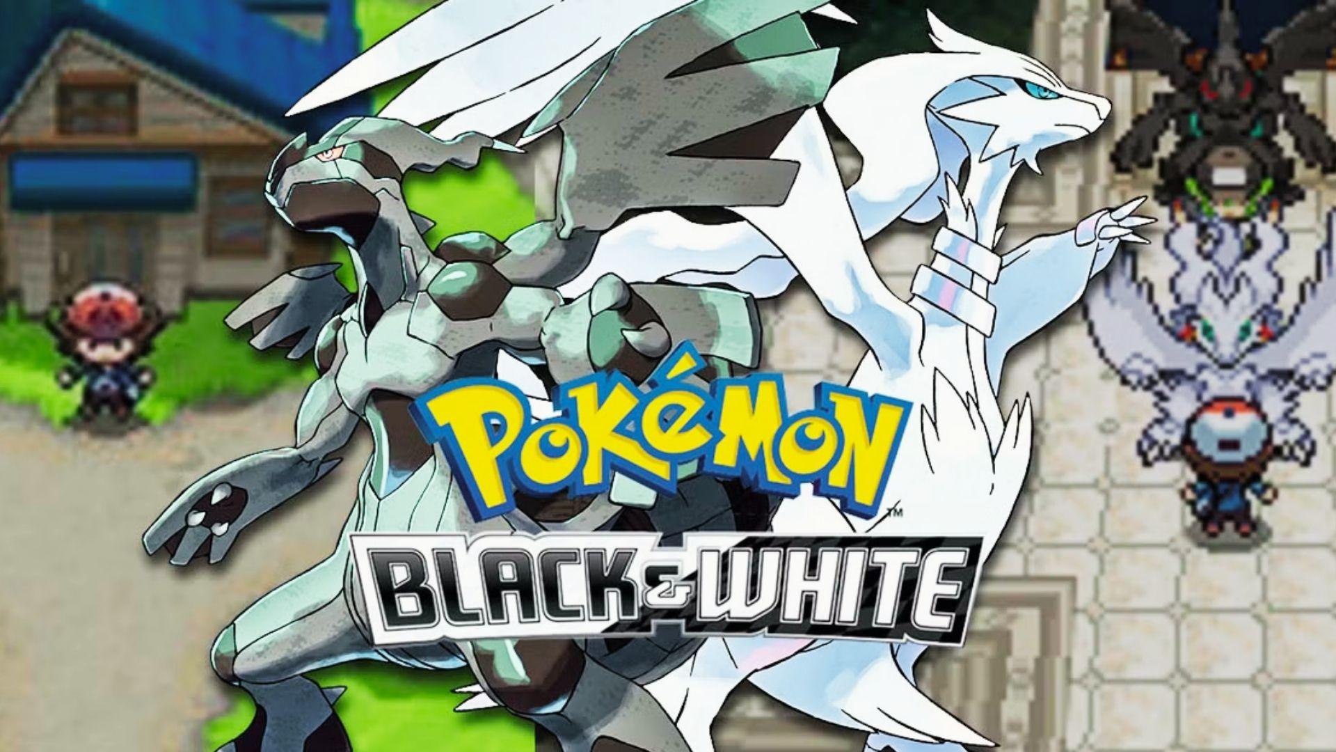 Pokémon Black and White key art featuring Zekrom, Reshiram, game logo, pixel player sprite, village background