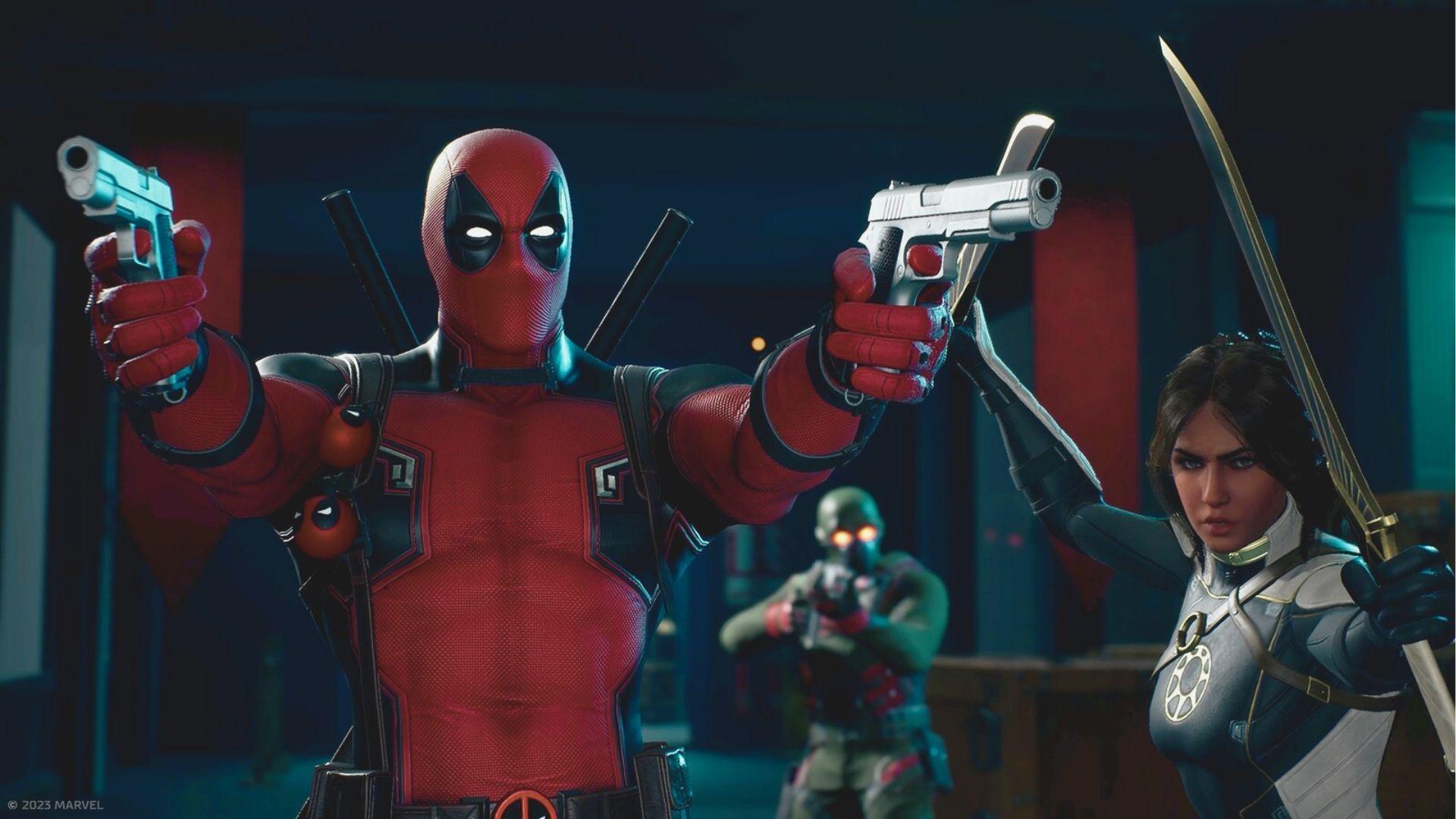 Merc with a Mouth Deadpool in his red and black suit dual-wields pistols with katanas on his back.