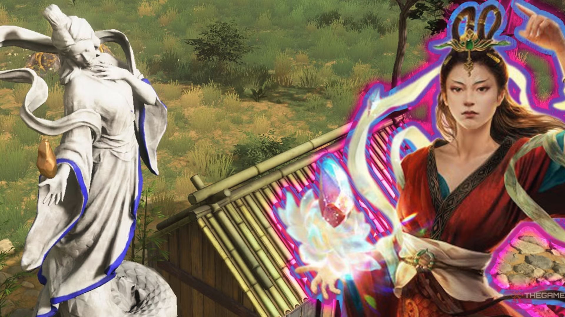 Goddess Nuwa conjures magic beside her statue, restoring Chinese lands in Tale of the Dragon.