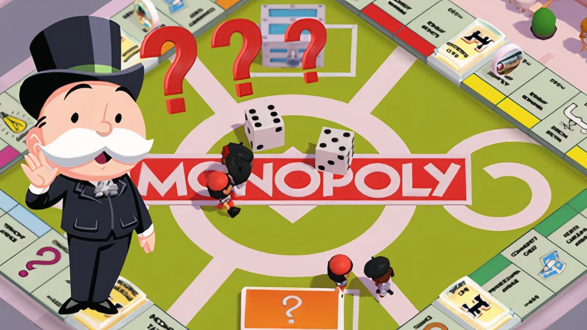 Mr. Monopoly stands on board with red question marks and dice, teaser for mystery levels update.