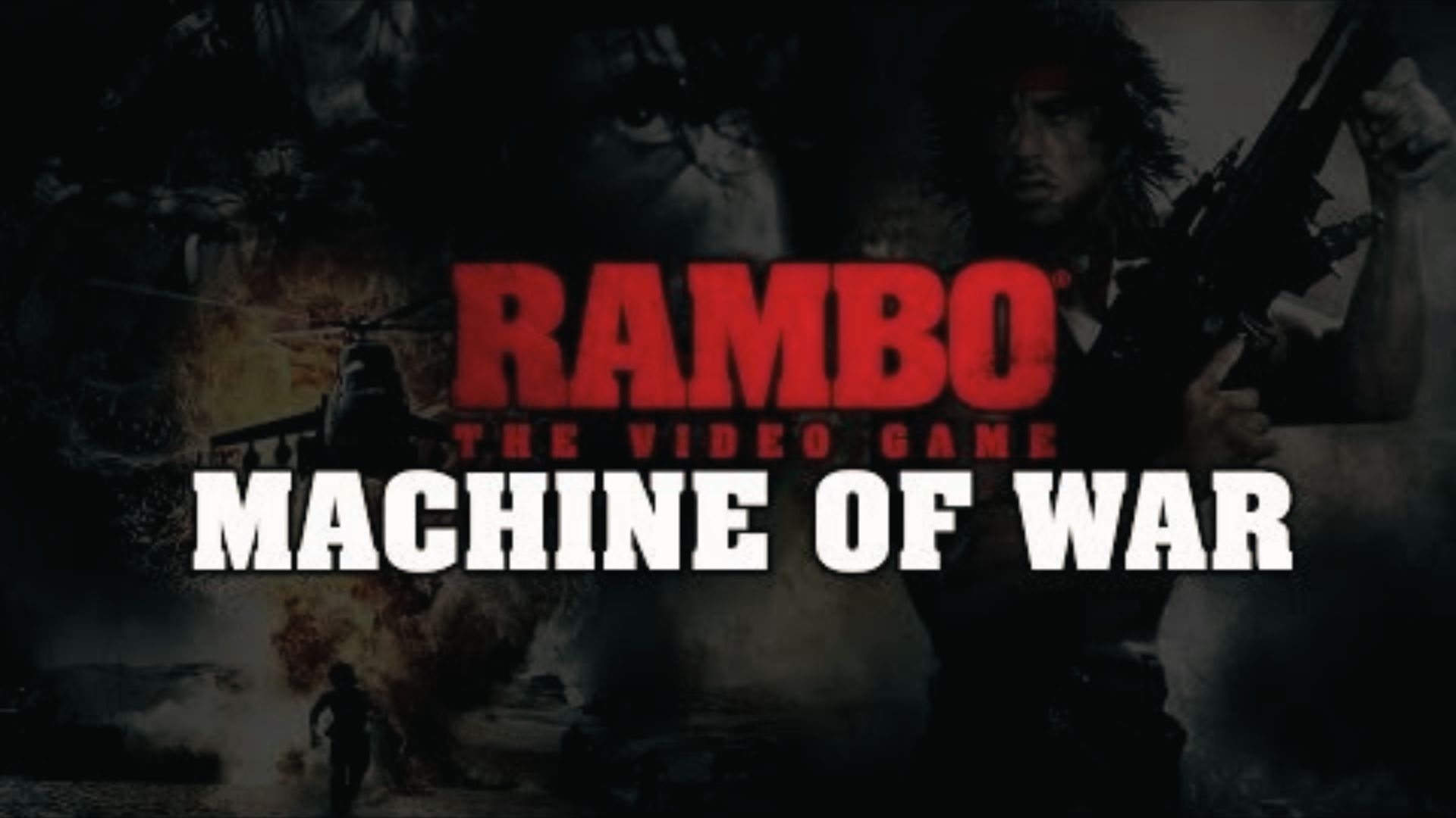 Rambo holds rifle over war scene with heli, Rambo: The Video Game Master System action cover art