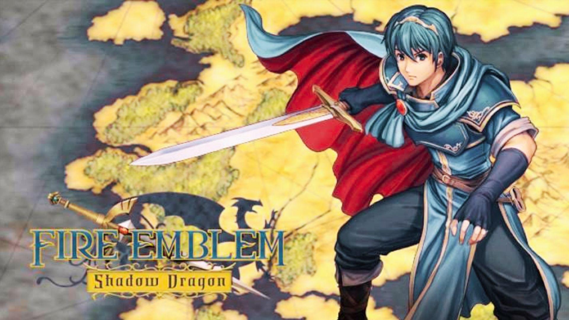 Fire Emblem Shadow Dragon art featuring Marth in blue armor, red cape, sword drawn, world map, logo