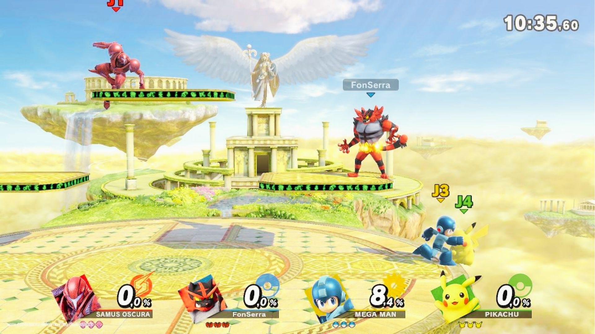 Super Smash Bros Ultimate fight on Palutena’s Temple stage with Dark Samus, Incineroar, Mega Man, Pikachu battling together