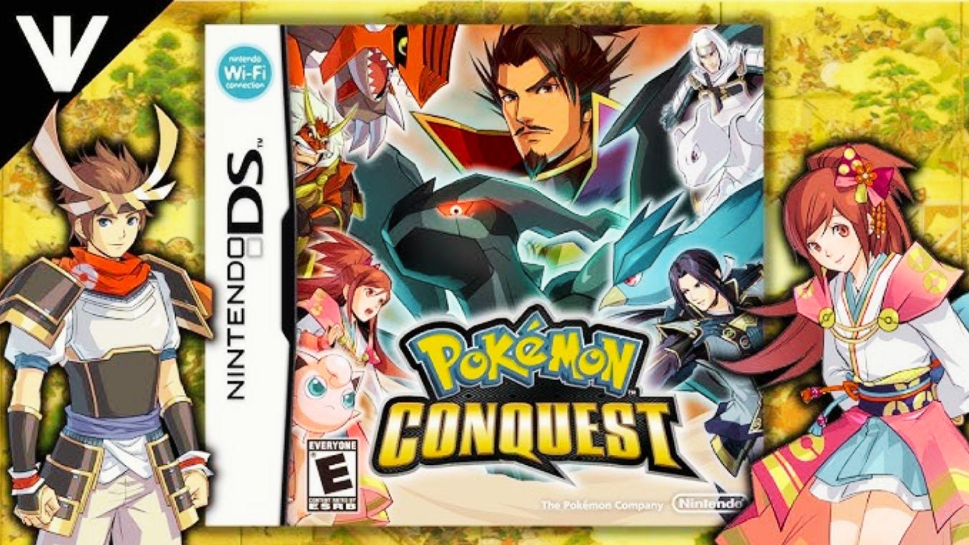Pokémon Conquest Nintendo DS box art featuring samurai warlords, Zekrom, Articuno, Jigglypuff, Nobunaga, map background, characters flanking