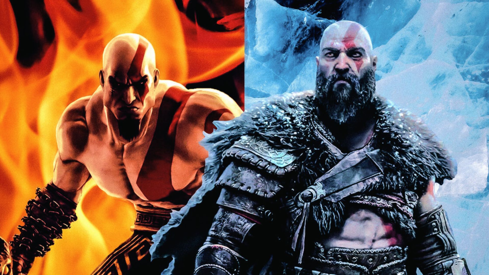 Young and older Kratos split with fire and ice, showing character growth like Ratchet and Clank PS4.