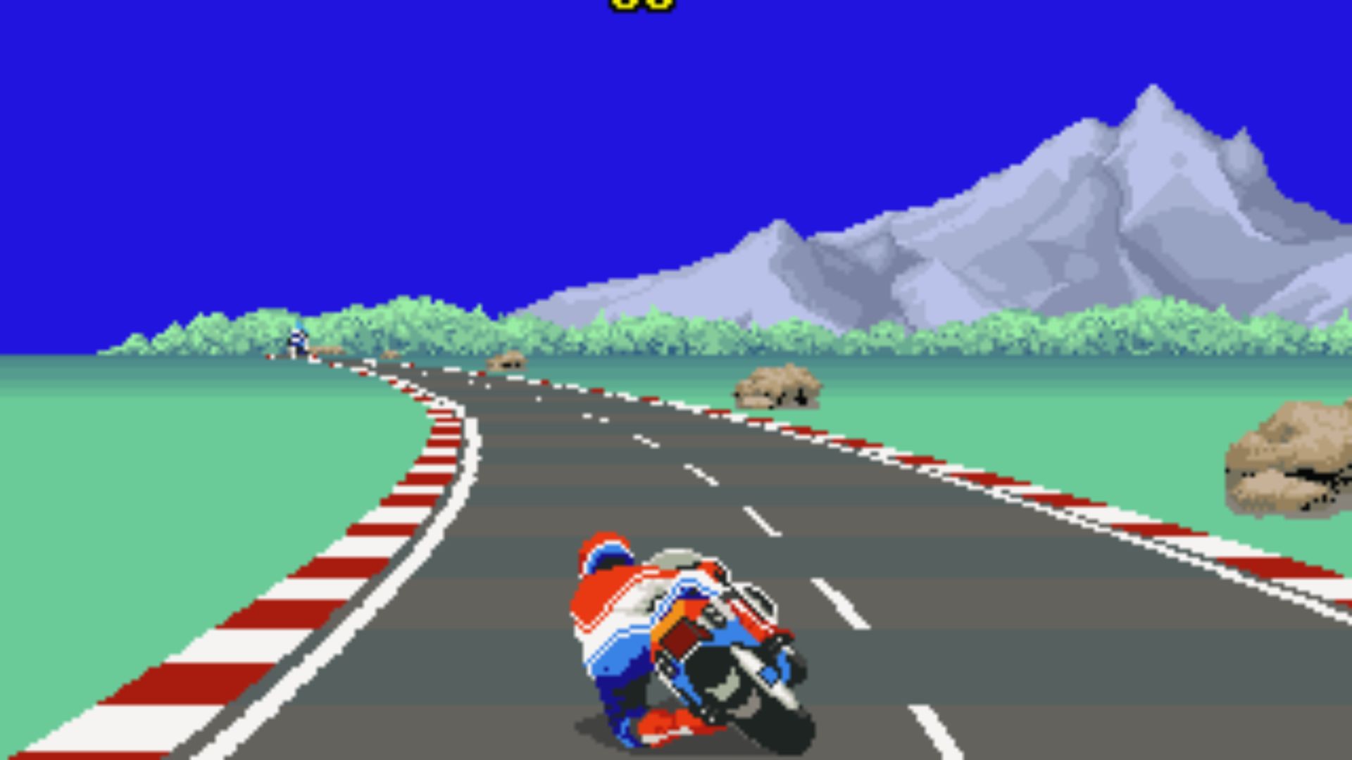 Rider leans into turn on winding mountain track, Hang-On Master System iconic SEGA bike racer