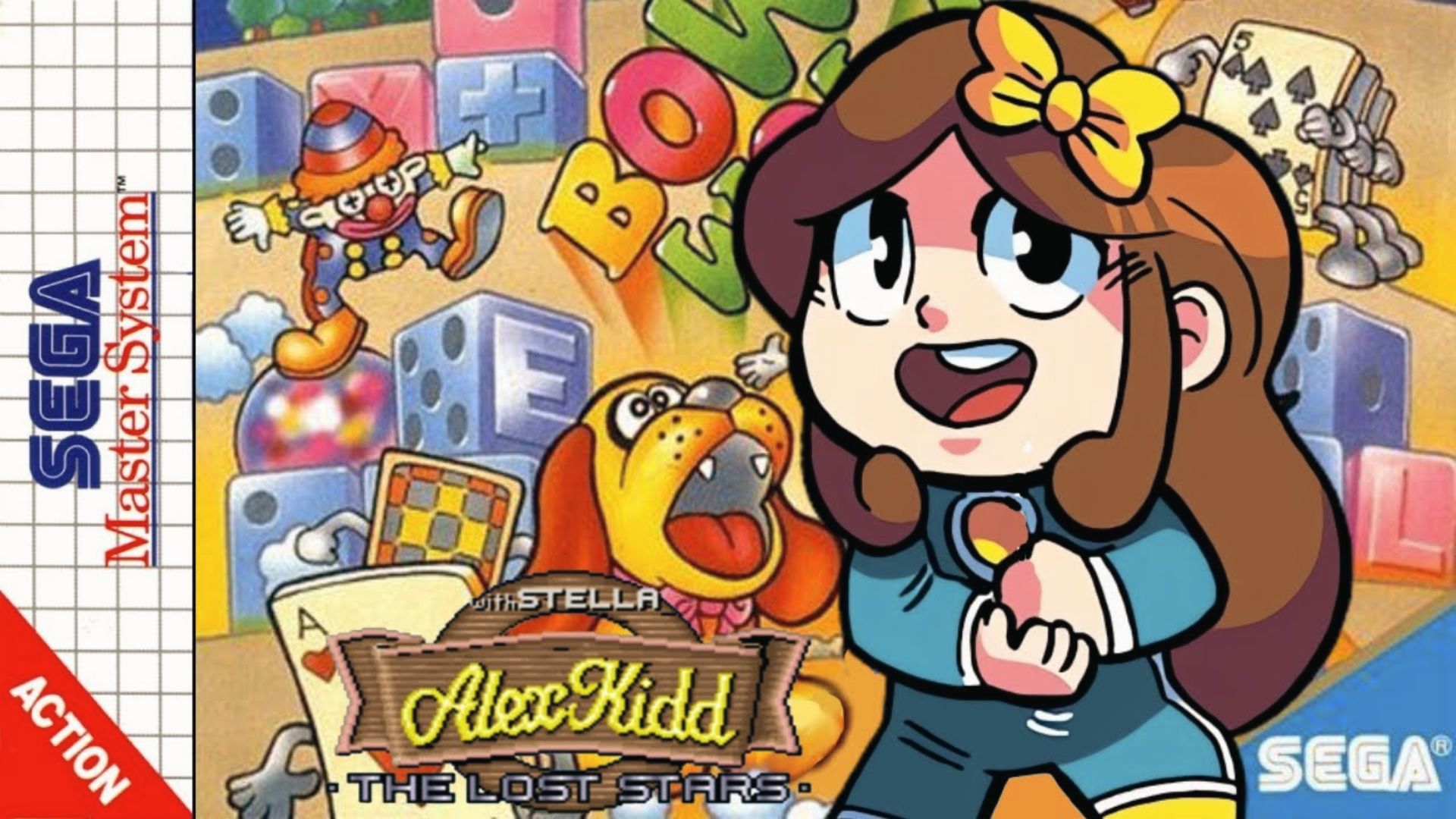 Girl with bow and dog smile on cover art, Alex Kidd: Lost Stars Master System arcade adventure