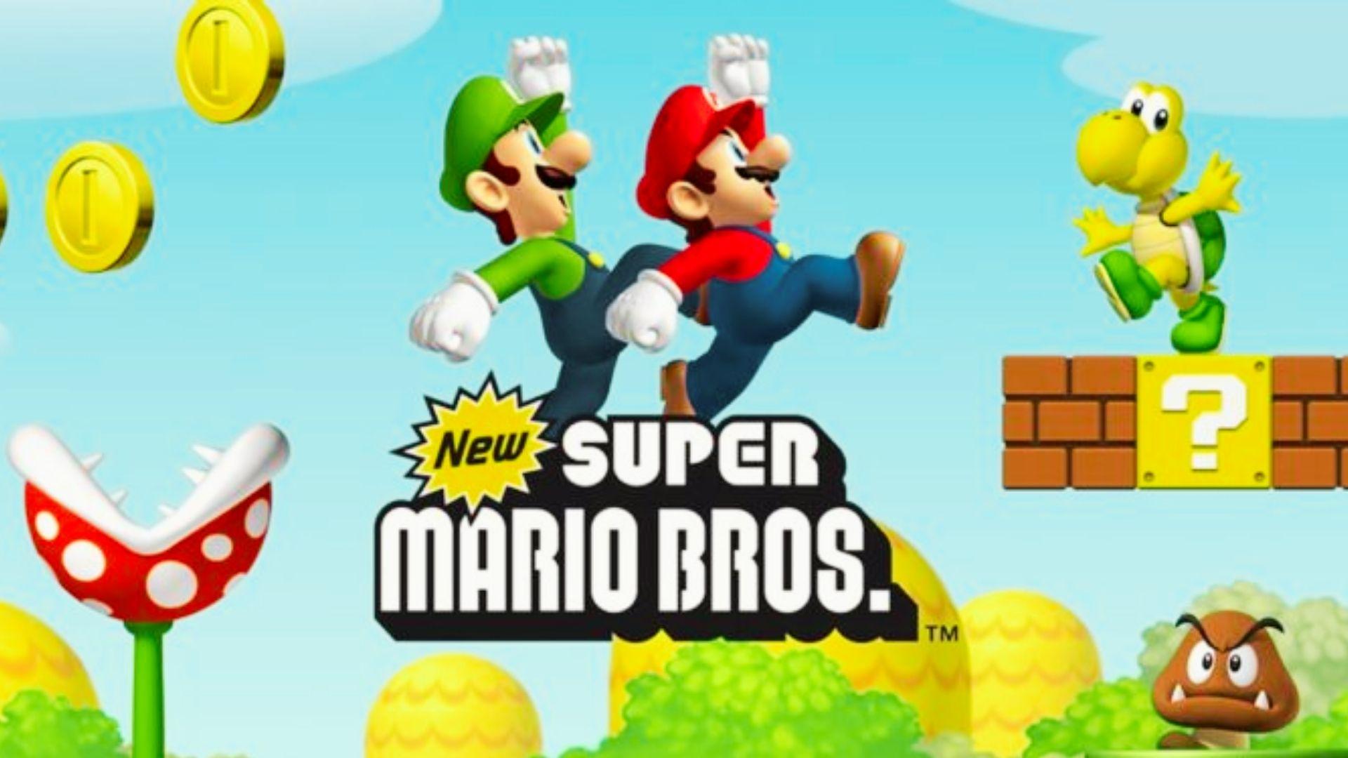 New Super Mario Bros art with Mario and Luigi running, Koopa Troopa, Piranha Plant, coins, question block, Goomba