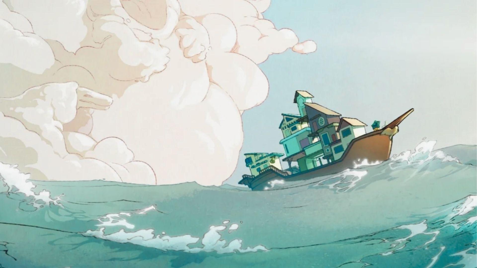 The ferry sails rough seas as a massive cloud shaped like a sleeping giant looms overhead.