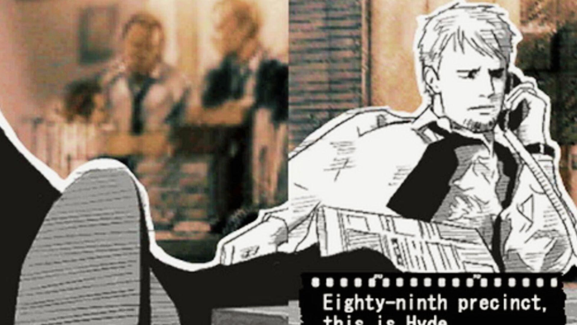 Jake Hunter Detective Story scene with manga detective Hyde on phone, feet up, desk, office background, filmstrip caption