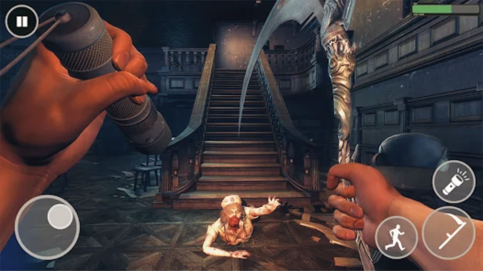 Hands hold flashlight and scythe facing zombie in mansion, modern horror nod to Master System era