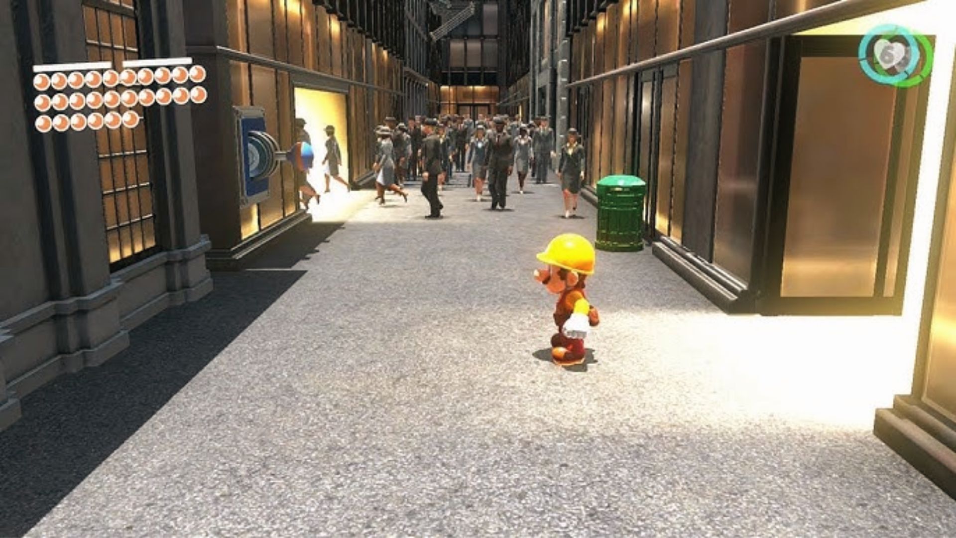 Builder Mario in a hard hat walks through busy New Donk City streets in Super Mario Odyssey.
