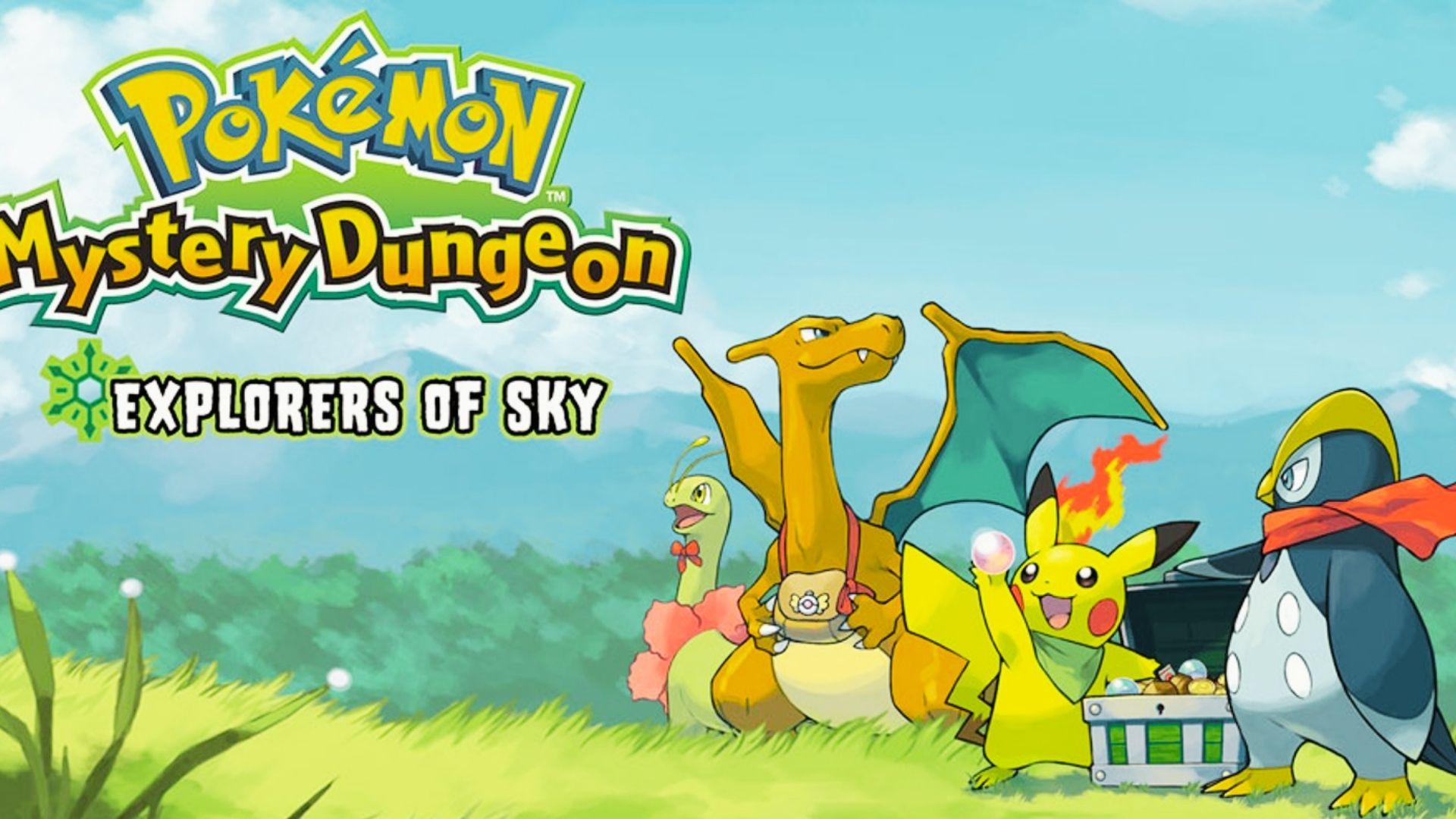Pokémon Mystery Dungeon Explorers of Sky art showing Pikachu, Charizard, Prinplup, Meganium with treasure chest, grassy field