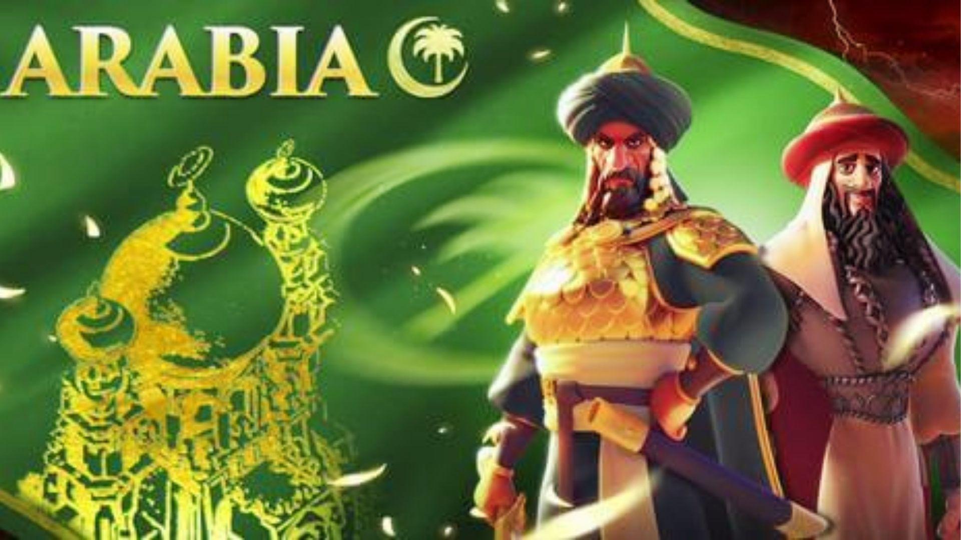 Rise of Kingdoms Arabia civilization banner with golden armored commanders and mosque artwork for best cavalry civilization guide