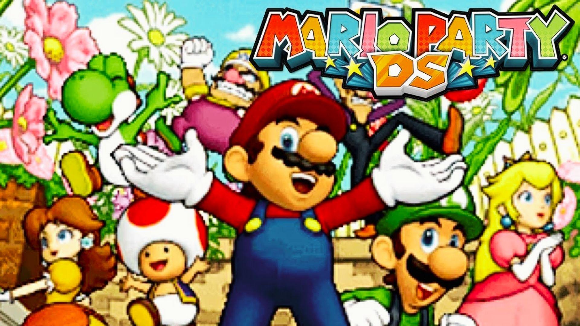 Mario Party DS key art with Mario, Luigi, Peach, Daisy, Toad, Yoshi, Wario, Waluigi celebrating among flowers, logo