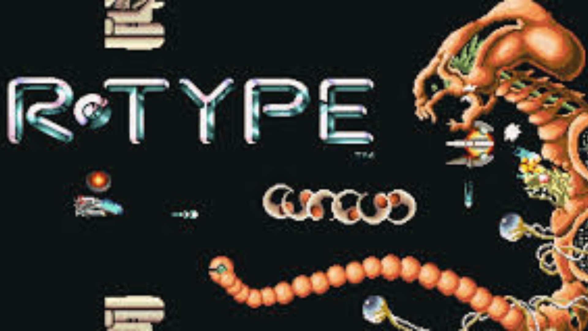 R-Type title with alien snake boss and ship combat, classic Master System shmup and retro space shooter