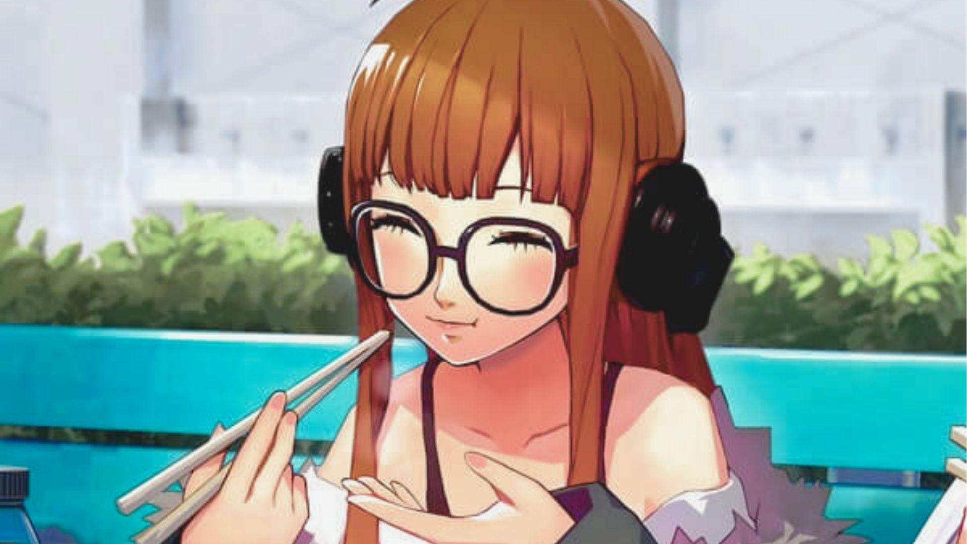 Reddish-brown haired Futaba Sakura smiles with eyes closed, holding chopsticks while wearing headphones.