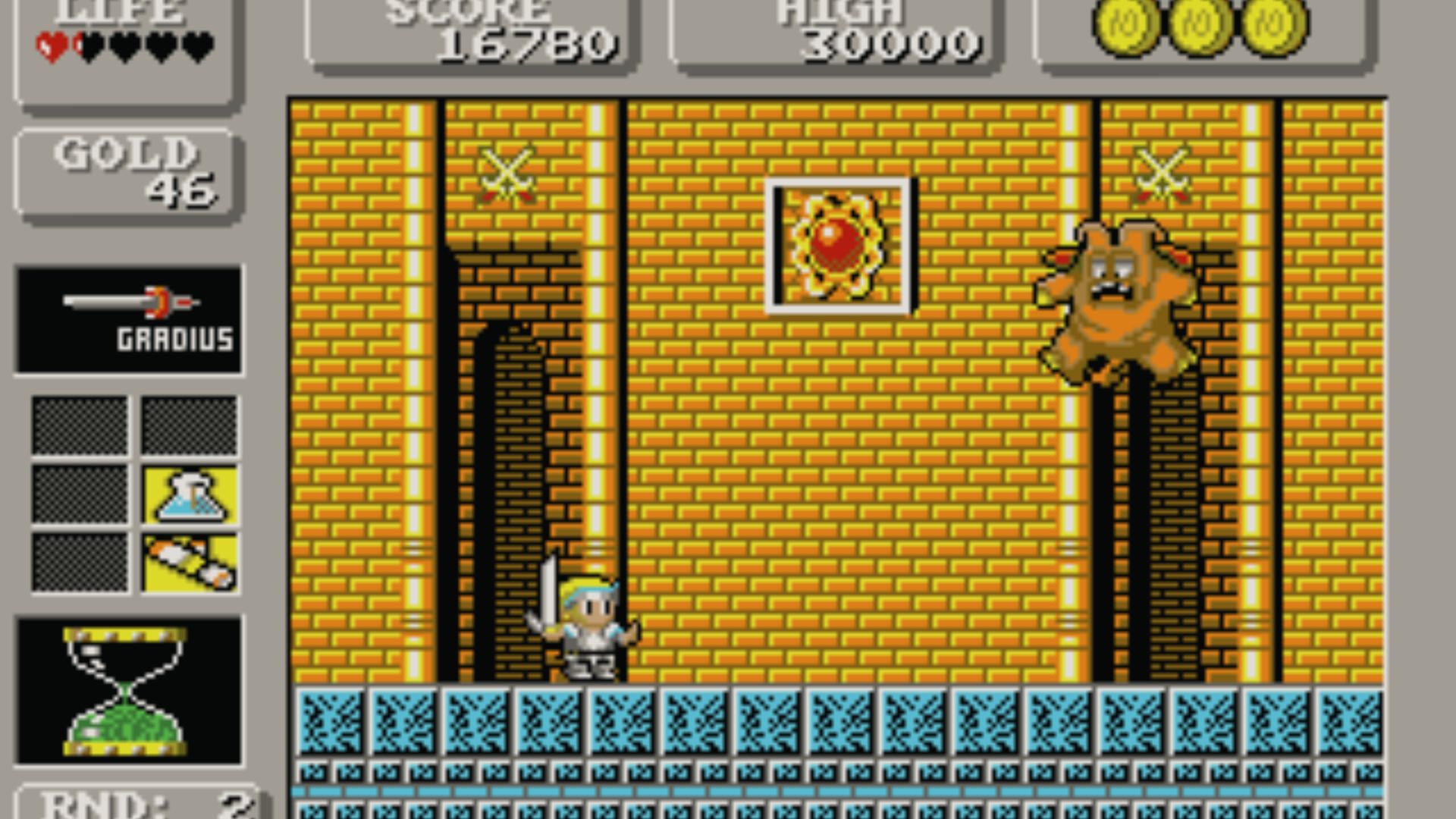 Knight with sword faces monster in brick hall, Wonder Boy in Monster Land Master System RPG classic