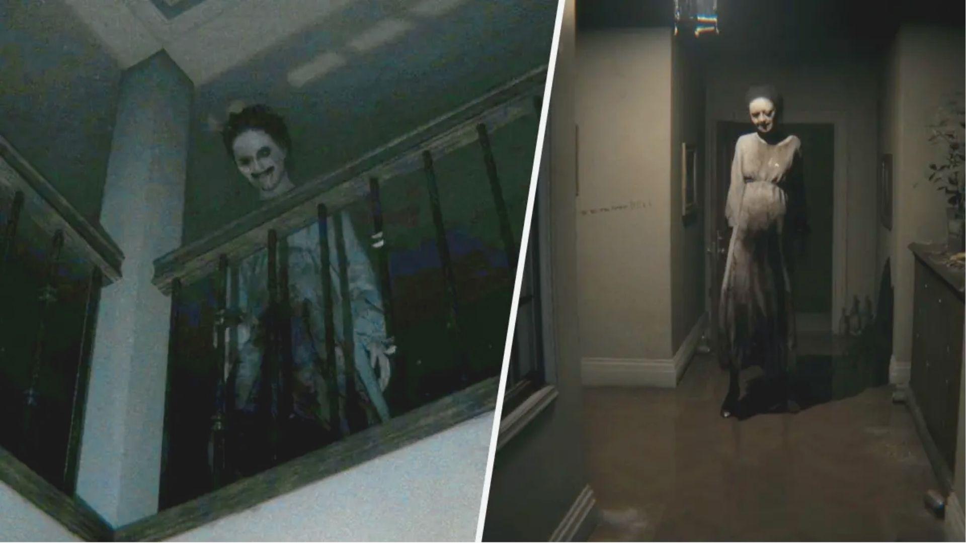 Split-screen horror: A grinning ghostly woman peers over a stair railing in grainy VHS style on the left.