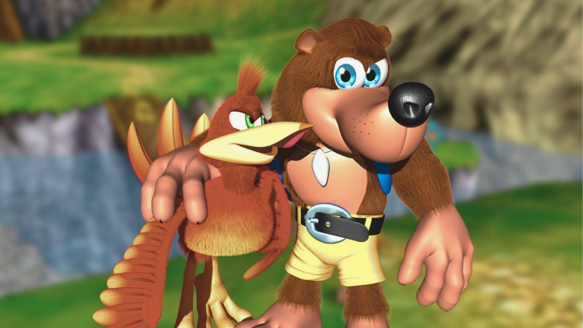 Brown bear Banjo holds Kazooie, a red crested breegull with a yellow beak, in his blue backpack.
