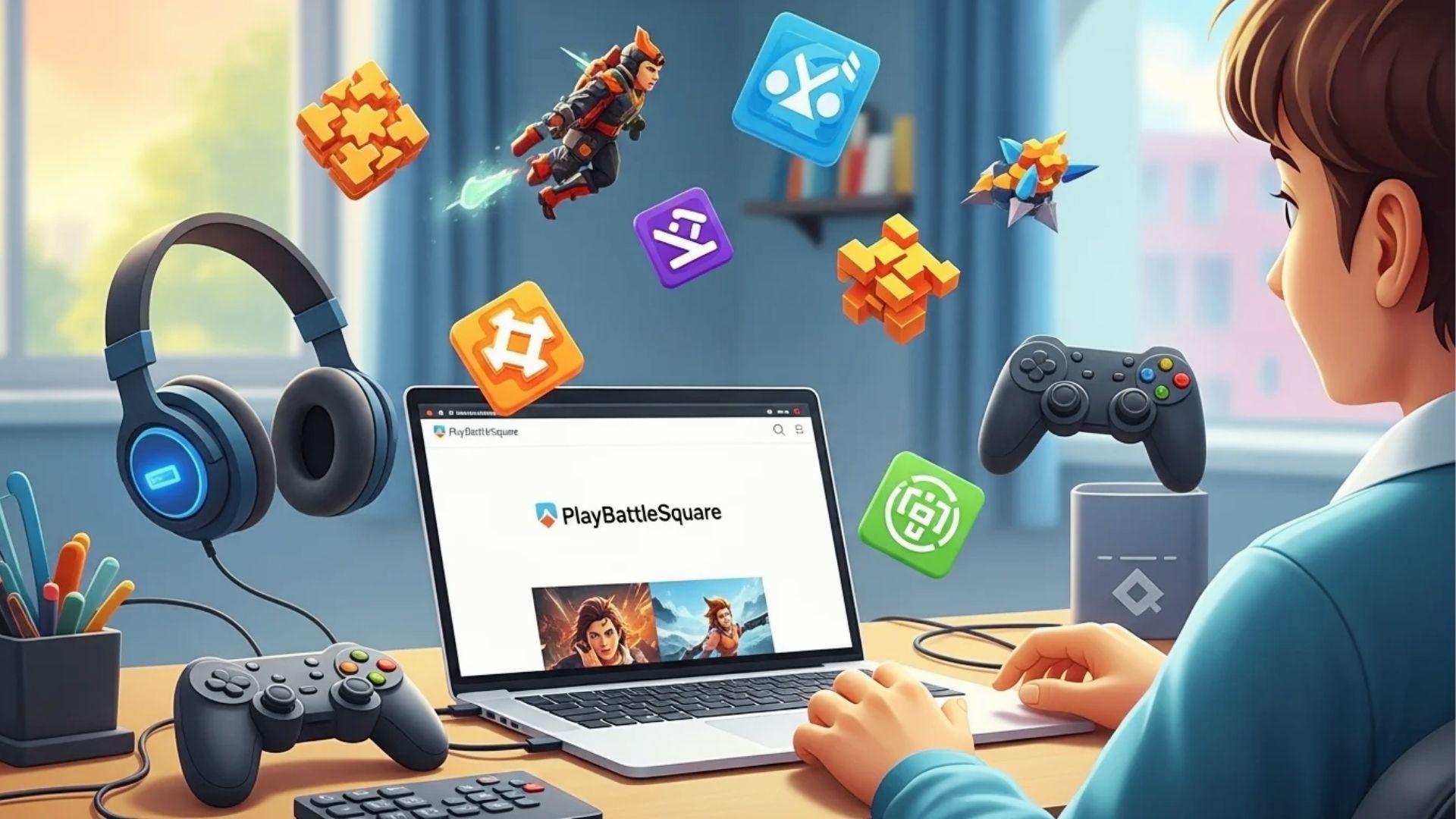 Animated gamer at desk with PlayBattleSquare on laptop surrounded by floating game icons and controllers