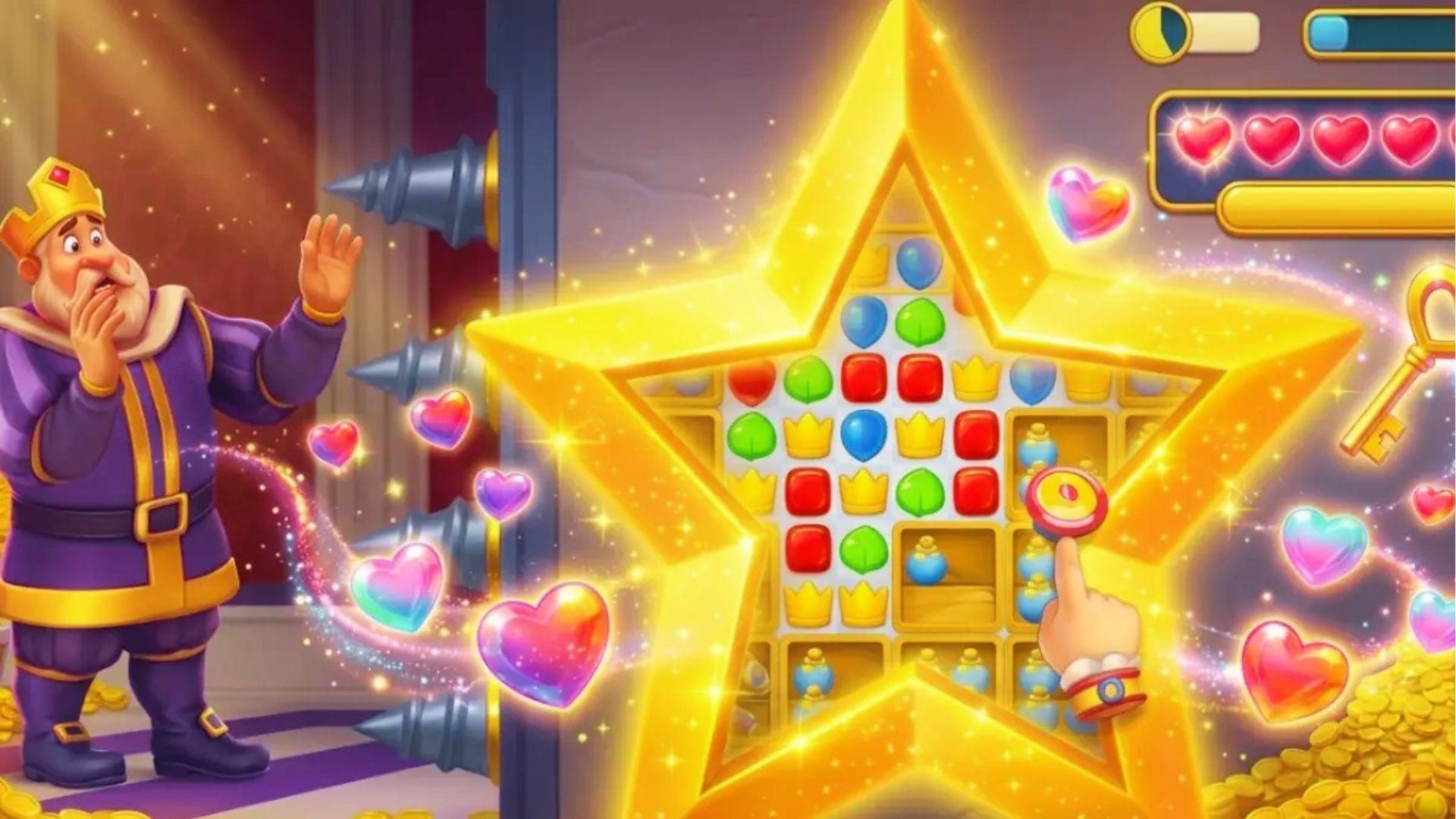 Royal Match King watching star-shaped power-up explode on match-3 board with hearts and unlimited lives