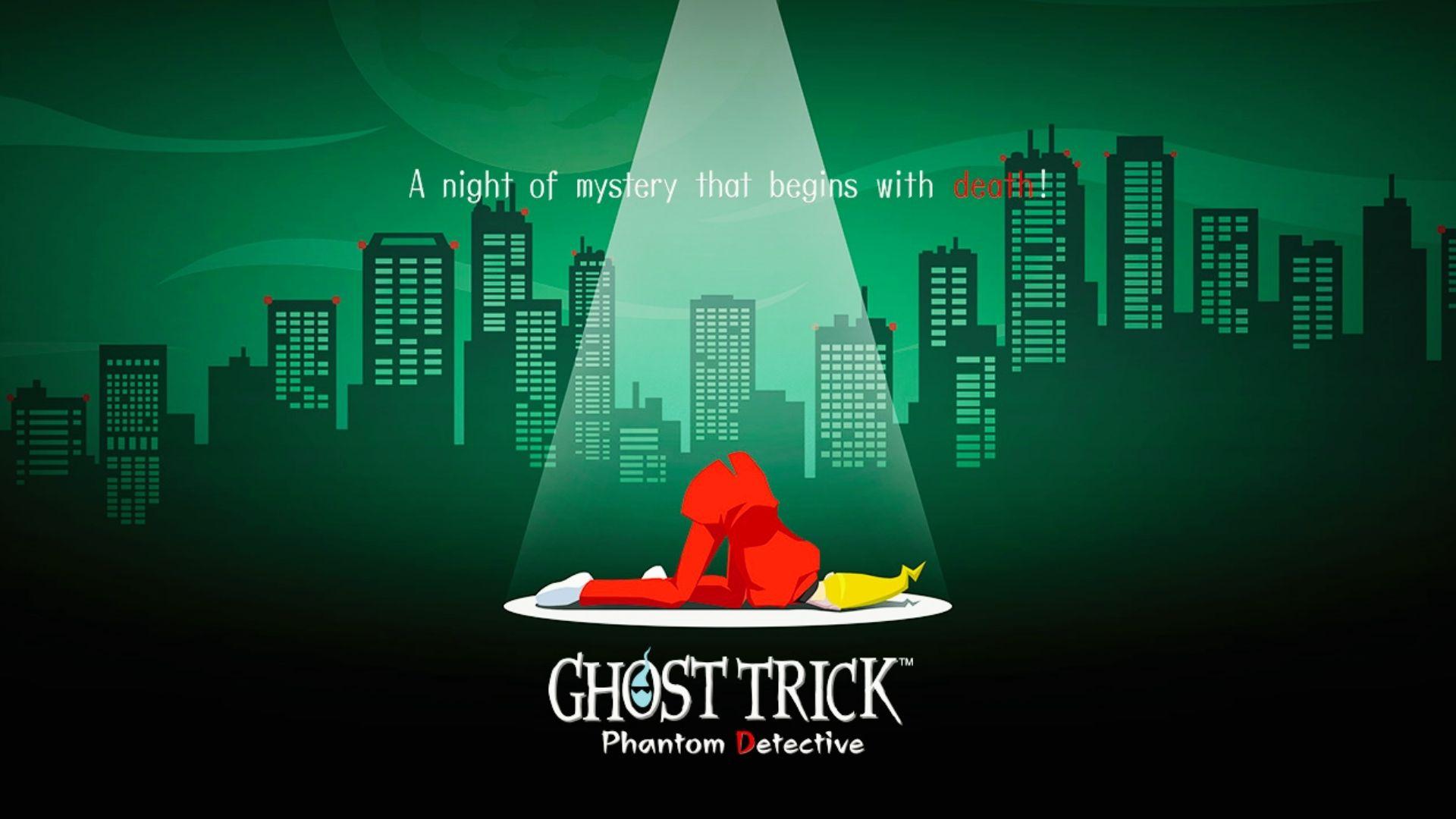 Ghost Trick Phantom Detective key art showing red figure in spotlight, city skyline, death tagline, logo