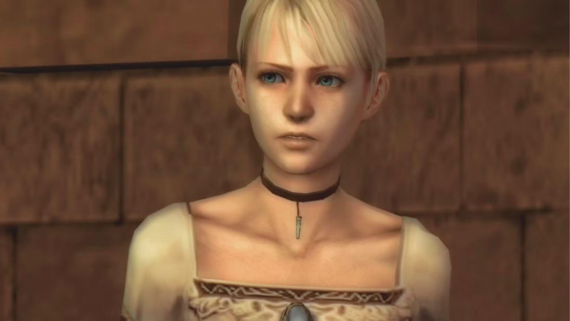 Short-haired woman in a white dress and choker stares blankly ahead against a stone wall.
