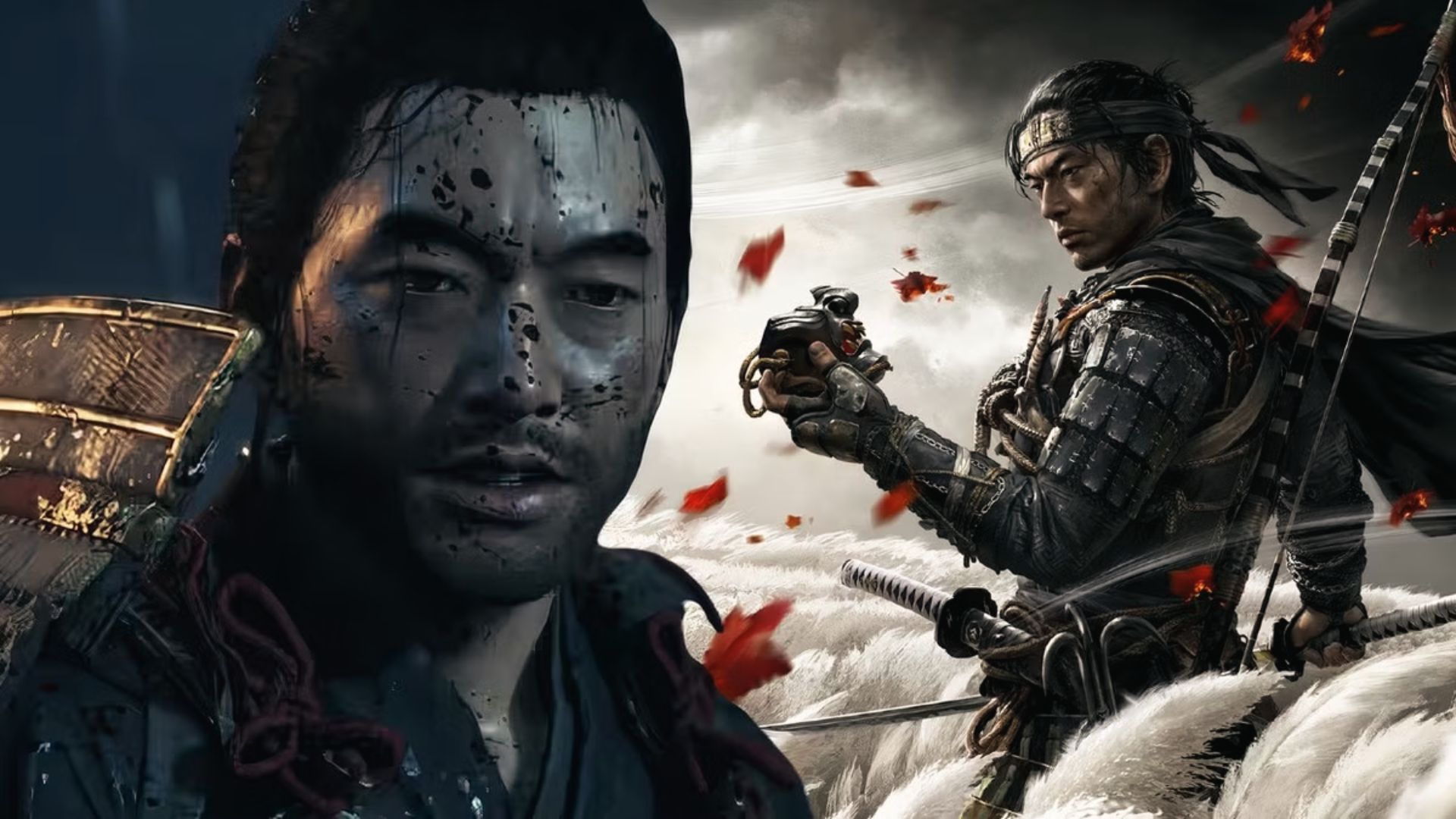 Bloodied Jin Sakai stares ahead beside armored Ghost form in Ghost of Tsushima’s key art.