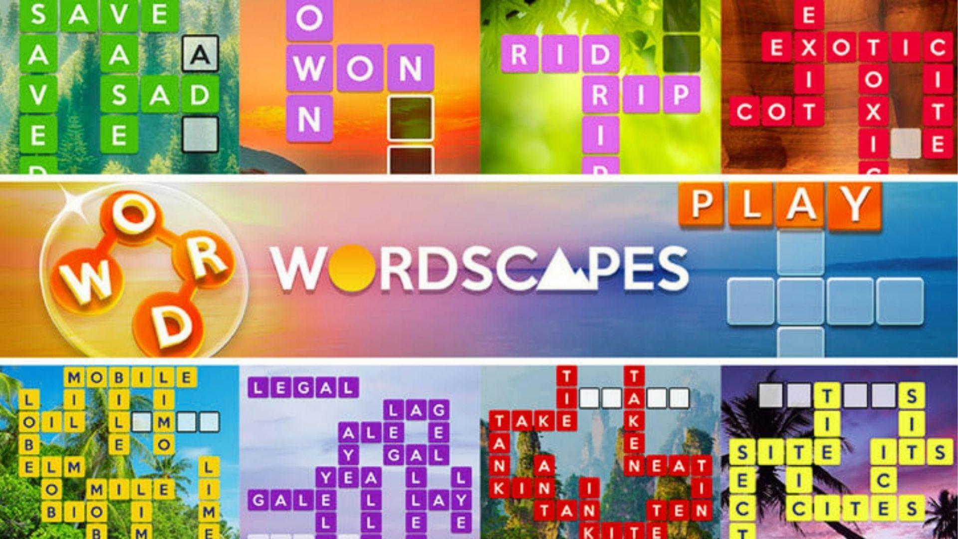 Collage of Wordscapes daily puzzles with colorful crosswords, scenic backgrounds, and central Wordscapes logo with word icon