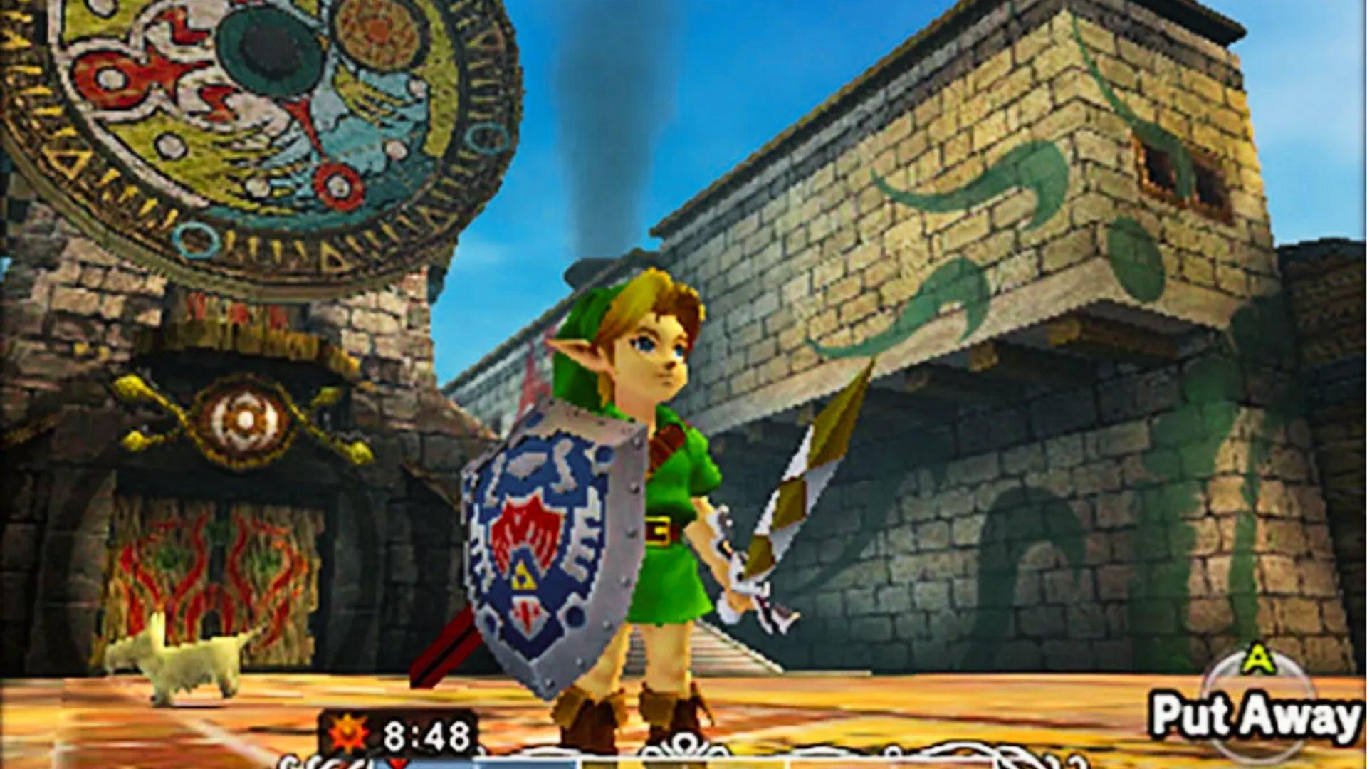 Link from Ocarina of Time 3D in Clock Town holding shield and sword, ornate clock tower behind, time eight forty-eight