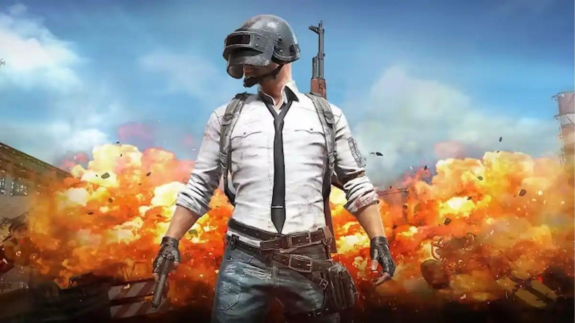 PUBG character in helmet and white shirt standing before explosions, representing PUBG Battlegrounds on console and mobile versions