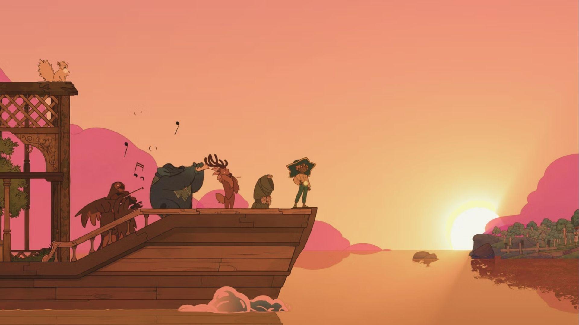 Stella and several animal spirits gather on the bow at sunset while music notes float in the air.