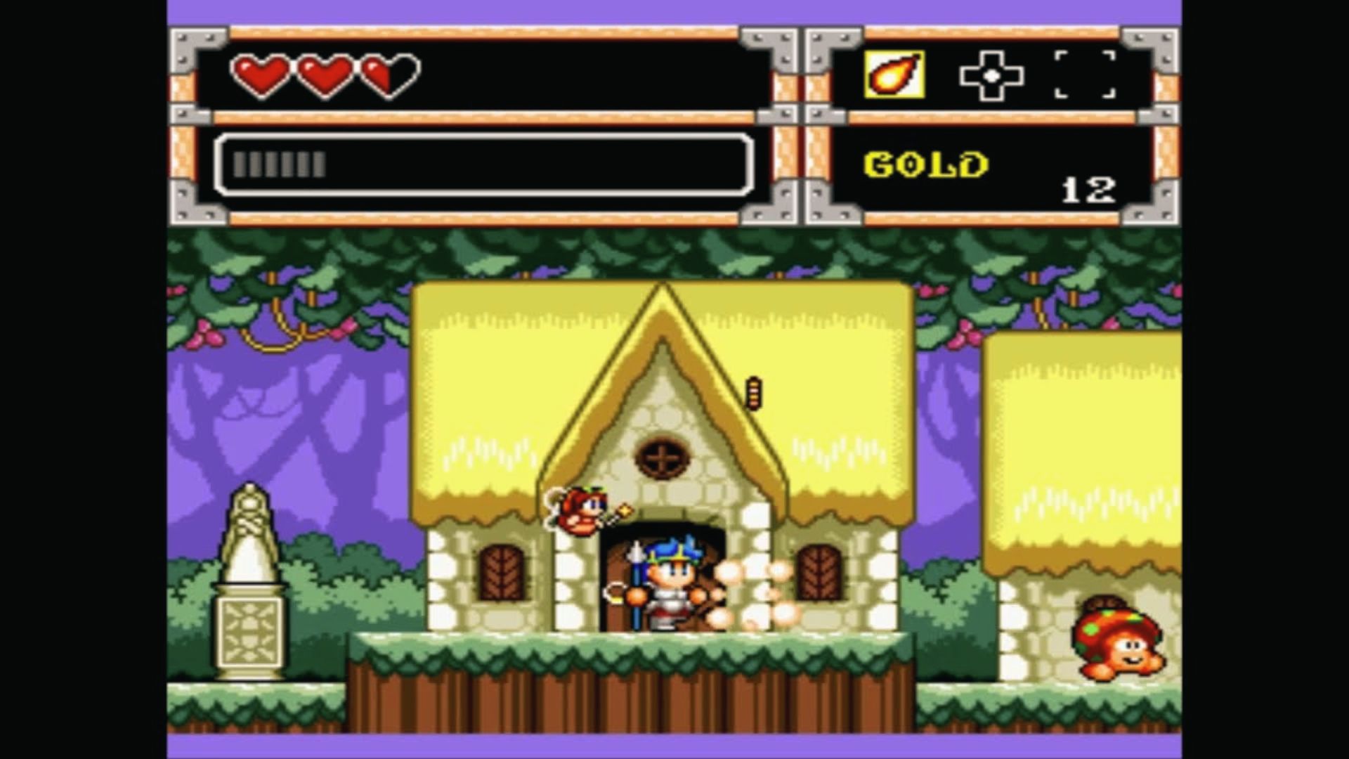 Knight exits cottage with fairy and gold HUD, Wonder Boy in Monster World Master System quest scene