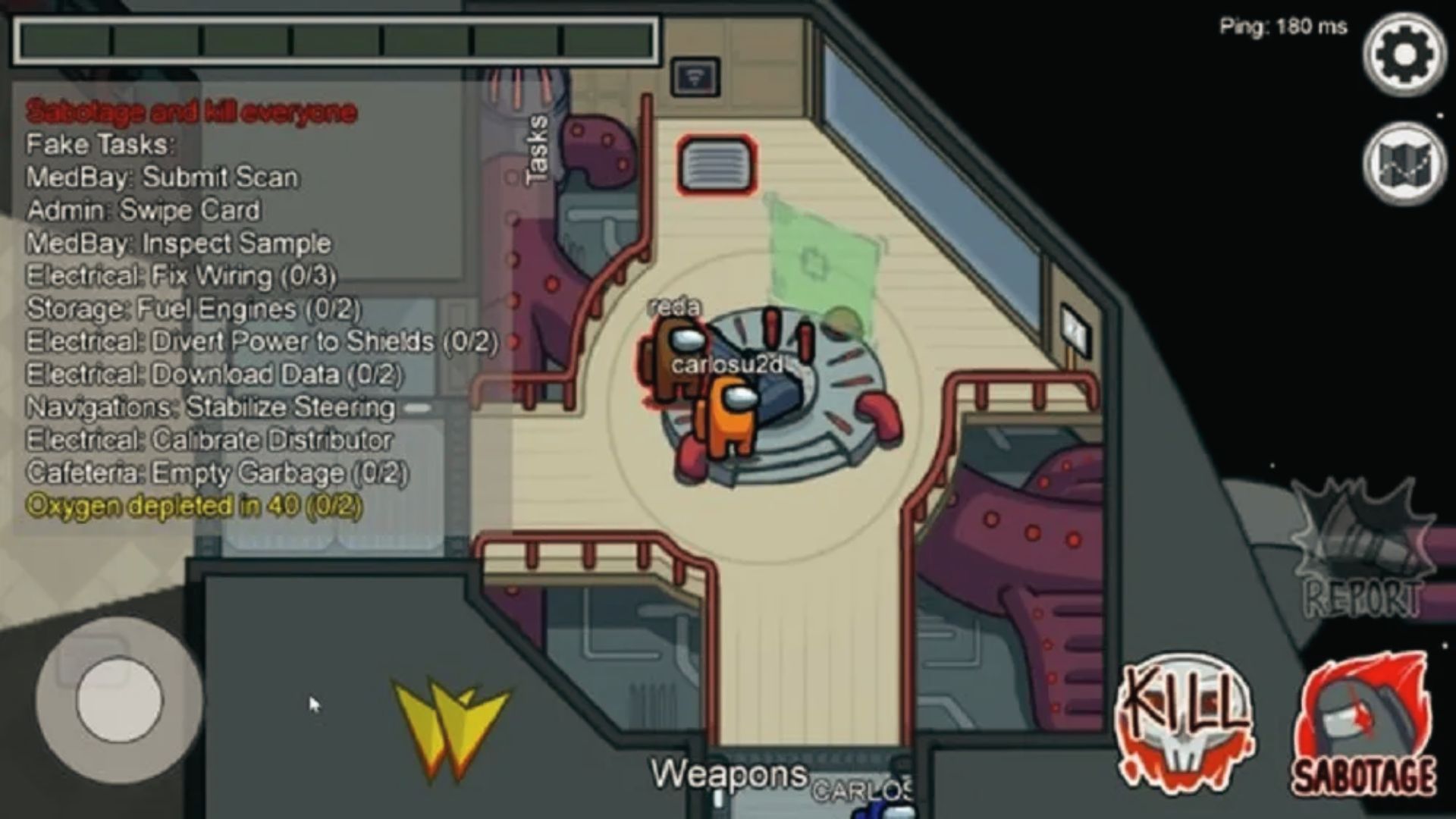 Impostor view shows Kill button and Sabotage as SS can mean screenshot report of sus behavior