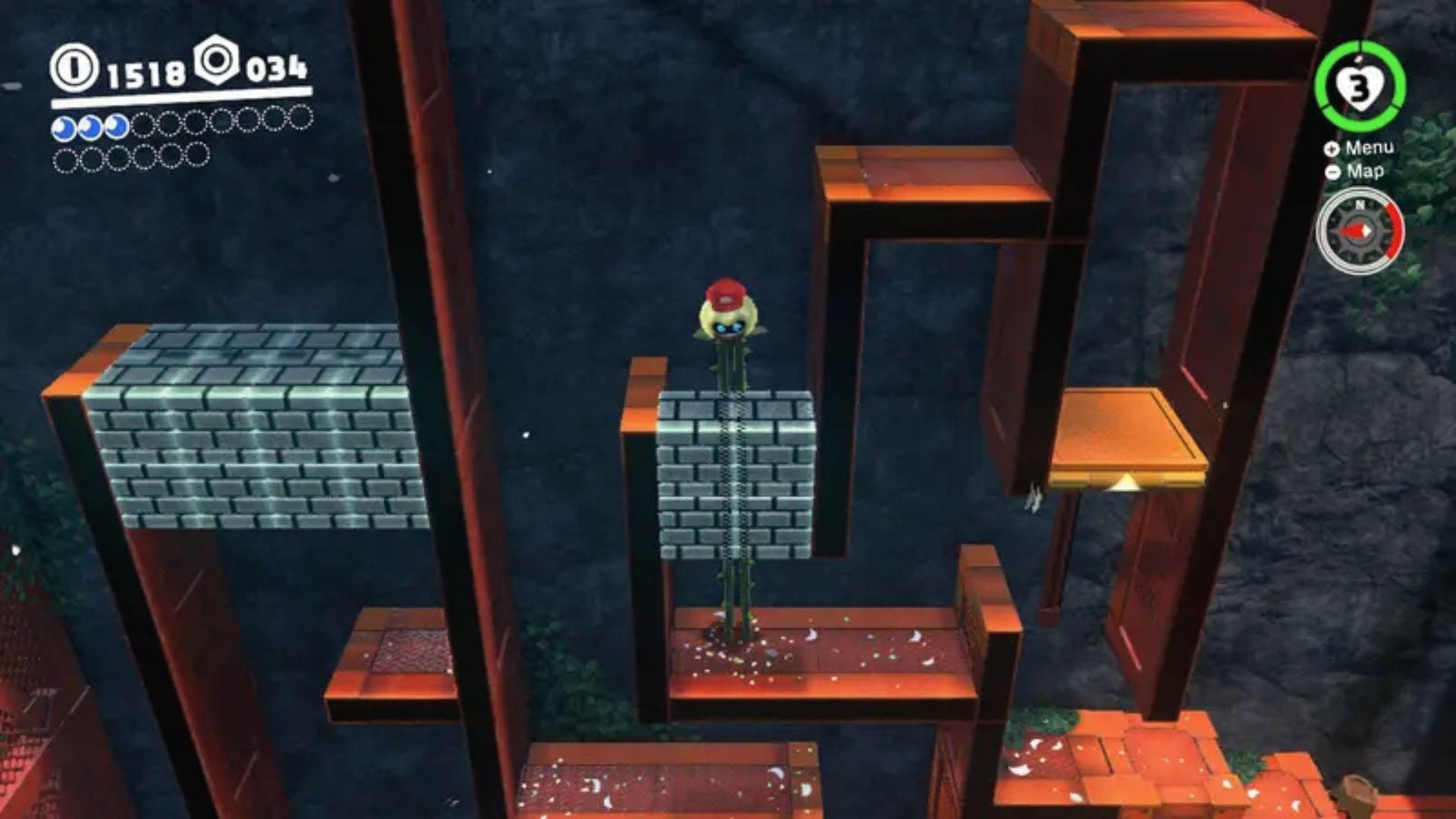 A captured Sherm robot aims its cannon in the 2D Metro Kingdom platforming section of Odyssey.