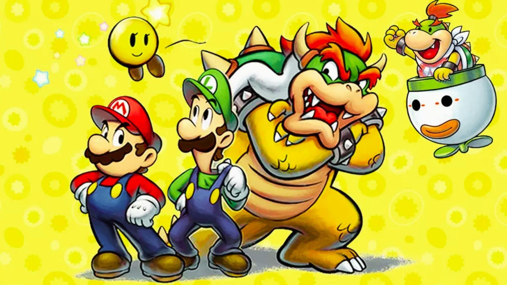Mario and Luigi Bowser's Inside Story art with Mario, Luigi, Bowser, Starlow, Bowser Jr, yellow polka dot background