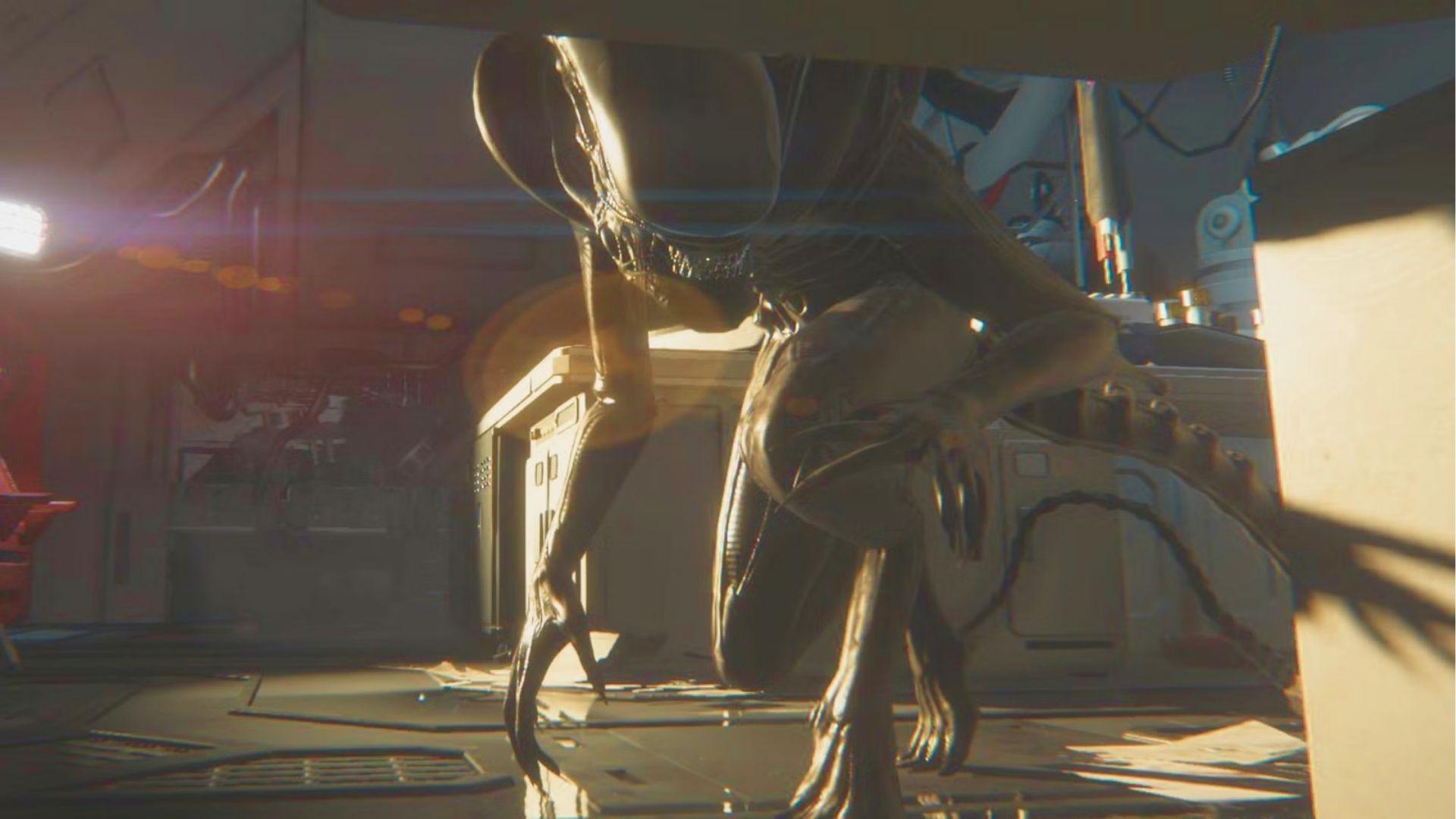 A sleek, black xenomorph crouches under harsh backlighting inside a derelict sci-fi ship corridor.