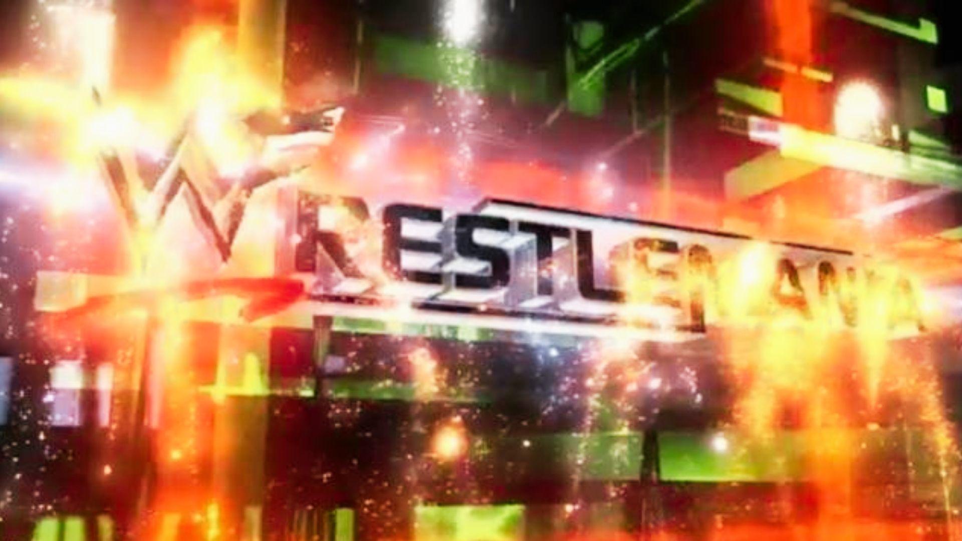 WrestleMania logo in metallic 3D text with bright orange explosions, sparks, and blurred arena background lighting effects