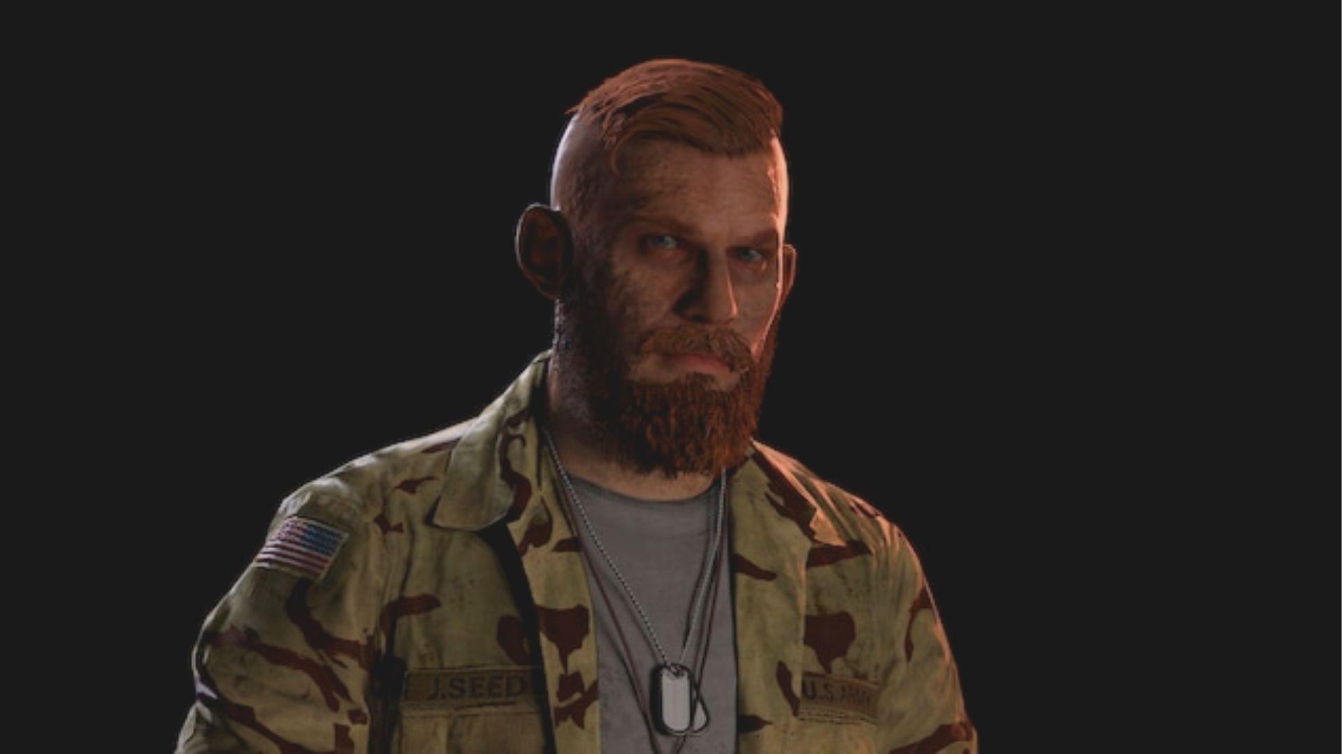 Red-haired and bearded Jacob Seed glares against a black background in his U.S. Army camo jacket.