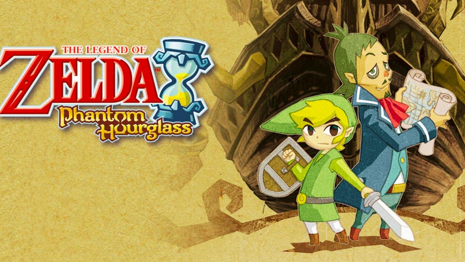 Zelda Phantom Hourglass art showing Link with sword and shield, Linebeck holding map, game logo, beige background