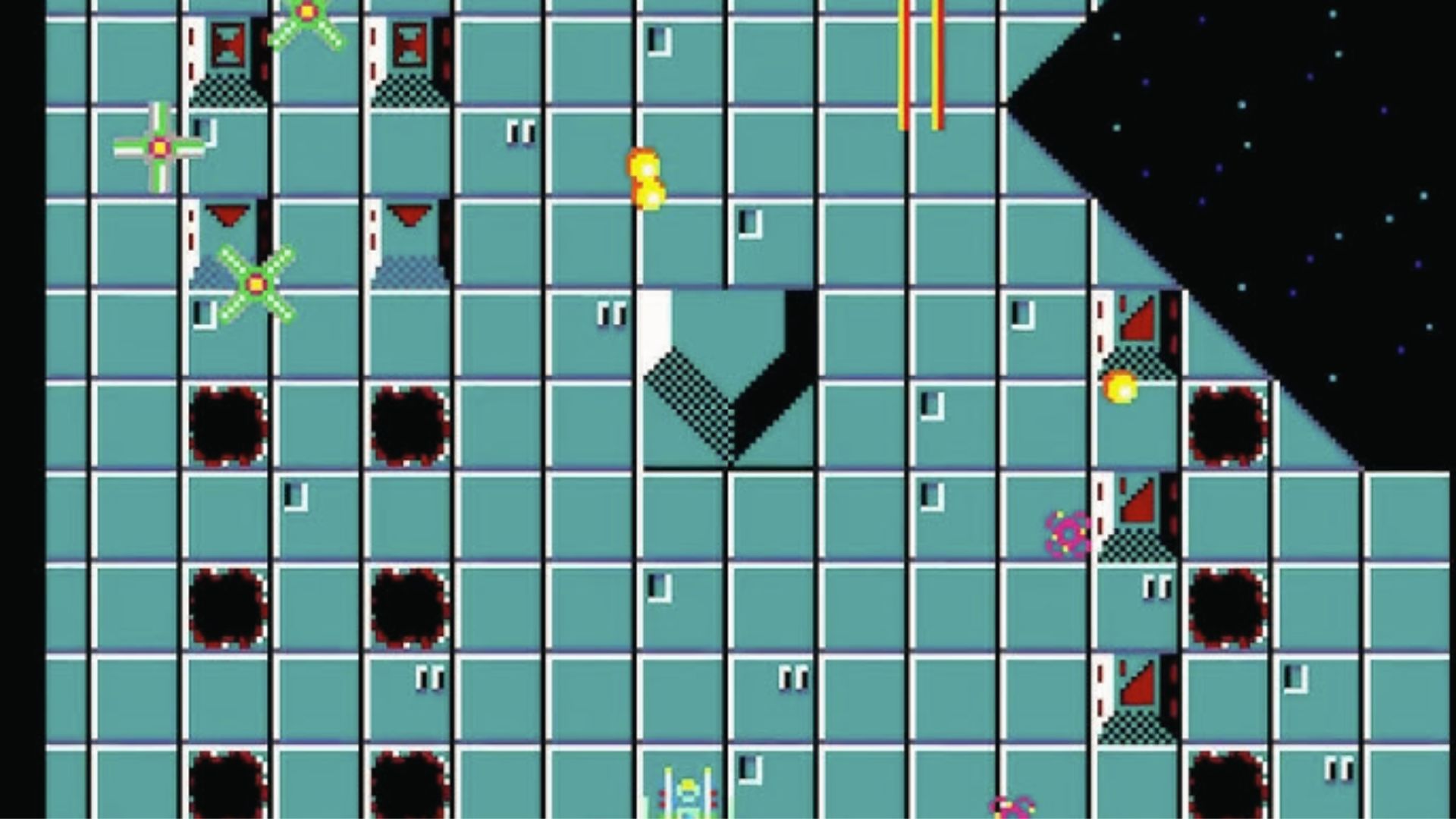 Ship shoots through teal grid maze with holes, Zaxxon 3D style Master System space shmup action Astro Warrior