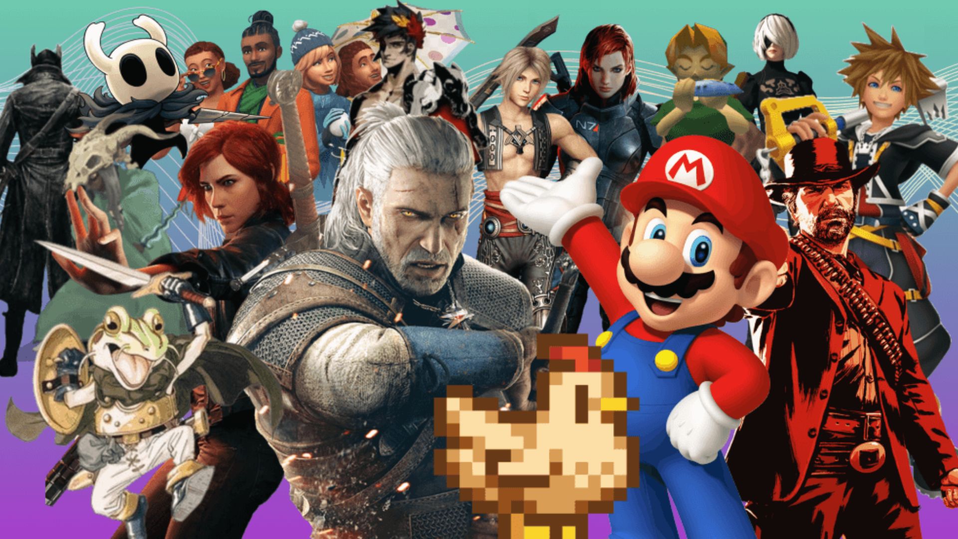 Collage of gaming icons like Mario, Geralt and Sora, showcasing cross-era classics for retro fans