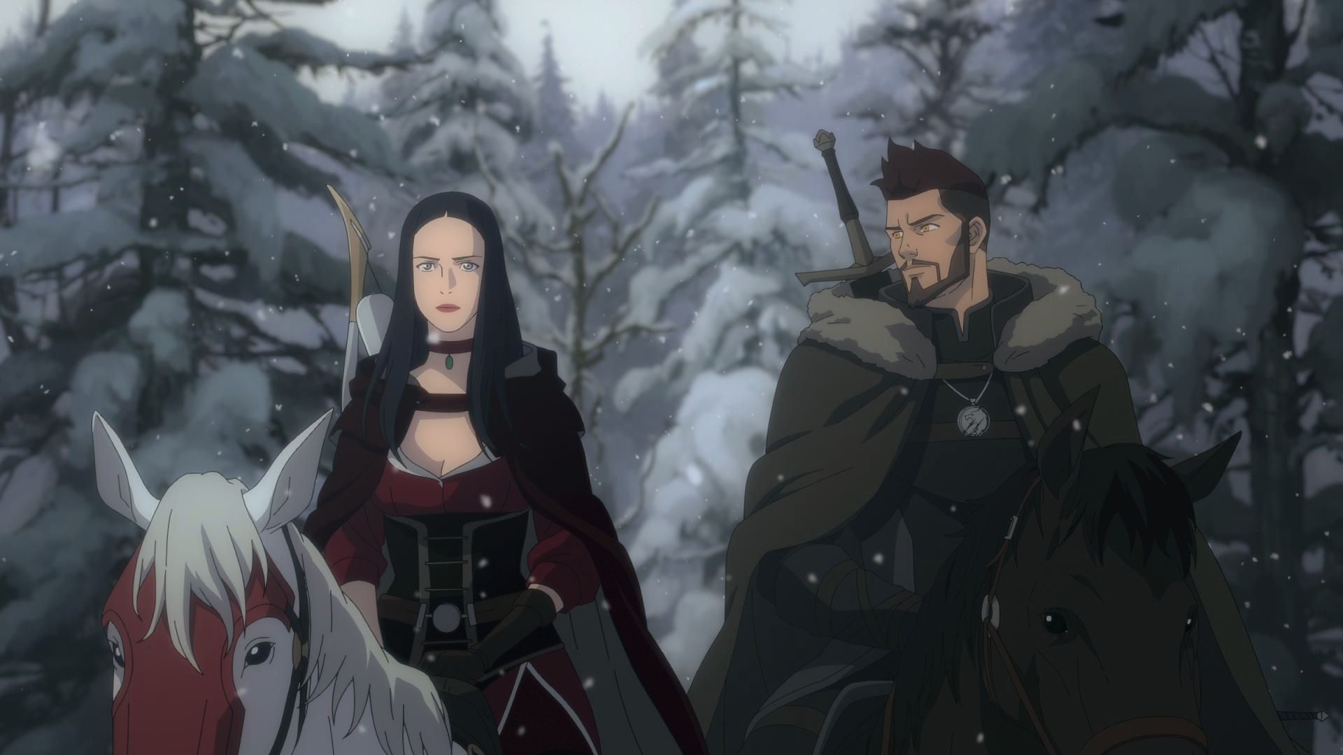 Two armored riders on horseback traverse a snowy forest in The Witcher anime adaptation.