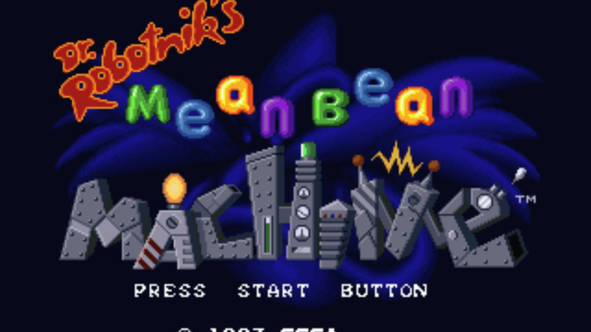 Colorful Mean Bean Machine title with robot text, Dr Robotnik puzzle spin-off Master System classic
